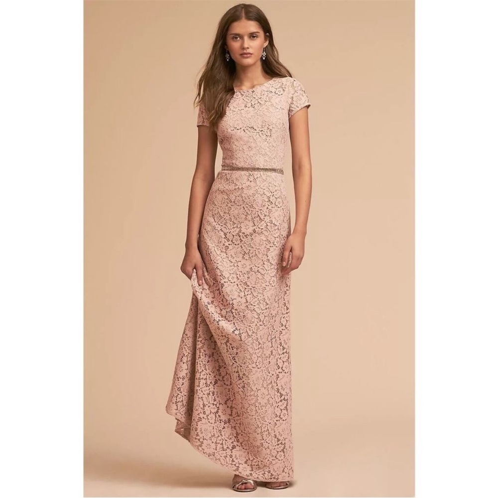 BHLDN Donna Morgan Deja Blush Pink Lace Cap Sleeve Gown Size 8